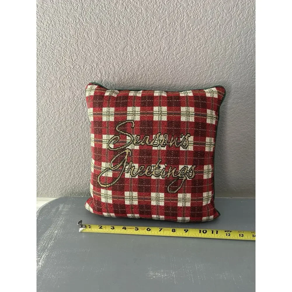 Vintage Seasons Greetings Tapestry Christmas Pillow Plaid Holiday Decor